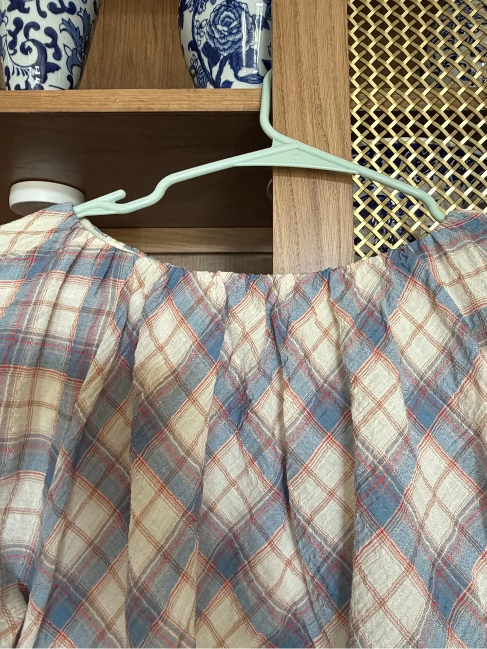 Plaid Puff-Sleeve shirt and skirt in Soft Blue and Cream